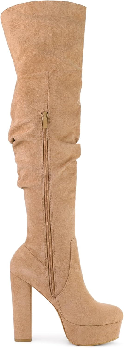 Allegra K Women's Platform Round Toe Zipper Slouch Heel Over the Knee Thigh High Boots
