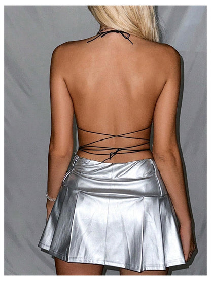 SweatyRocks Women's Glitter Rhinestone Criss Cross Halter Tops Backless Sleeveless Asymmetrical Party Crop Tops