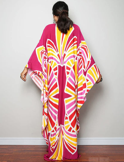 Bsubseach Women Ethnic Print Kaftan Beach Dress Plus Size Swimsuit Cover Up