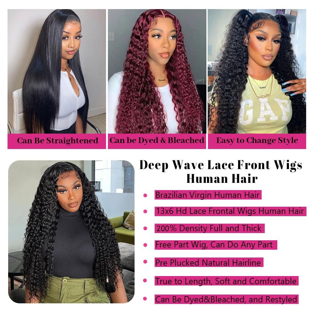 Water Wave 13x6 HD Transparent Lace Front Wigs Human Hair 180 Density Wet and Wavy Human Hair Wigs for Women Curly Lace Front Wig Human Hair Pre Plucked with Baby Hair Natural Color (18 Inch)