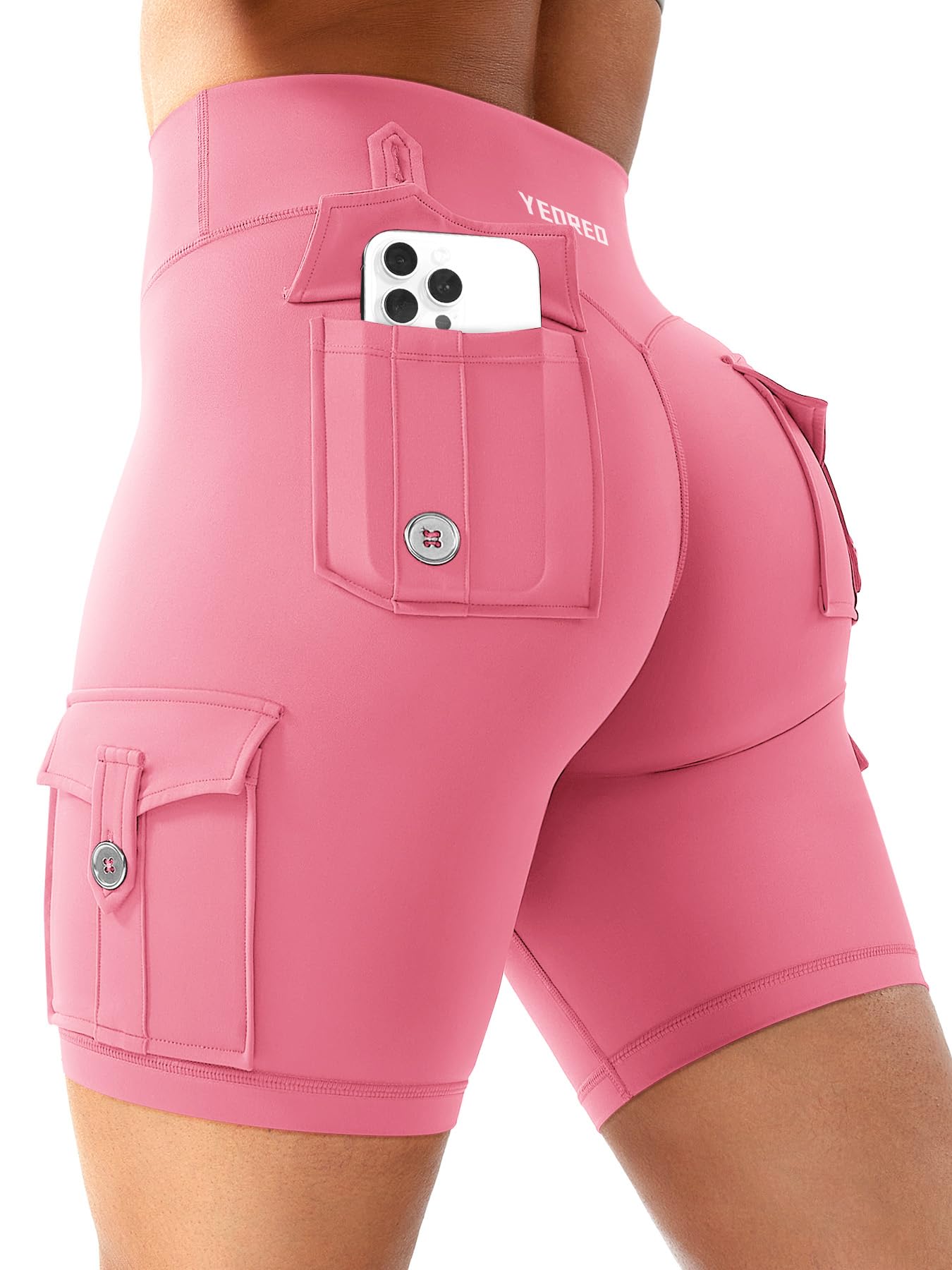 YEOREO CoreFlex Women Workout Biker Shorts with Cargo Pockets Hidden Scrunch High Waisted 8" Inseam Gym Shorts