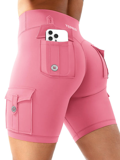 YEOREO CoreFlex Women Workout Biker Shorts with Cargo Pockets Hidden Scrunch High Waisted 8" Inseam Gym Shorts