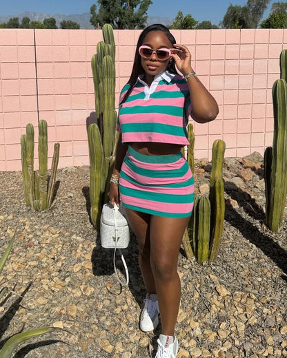 HBQ Women's Casual Two Piece Skirt Sets Polo Collar Crop Top Striped Mini Dress Summer Vacation-Stripe