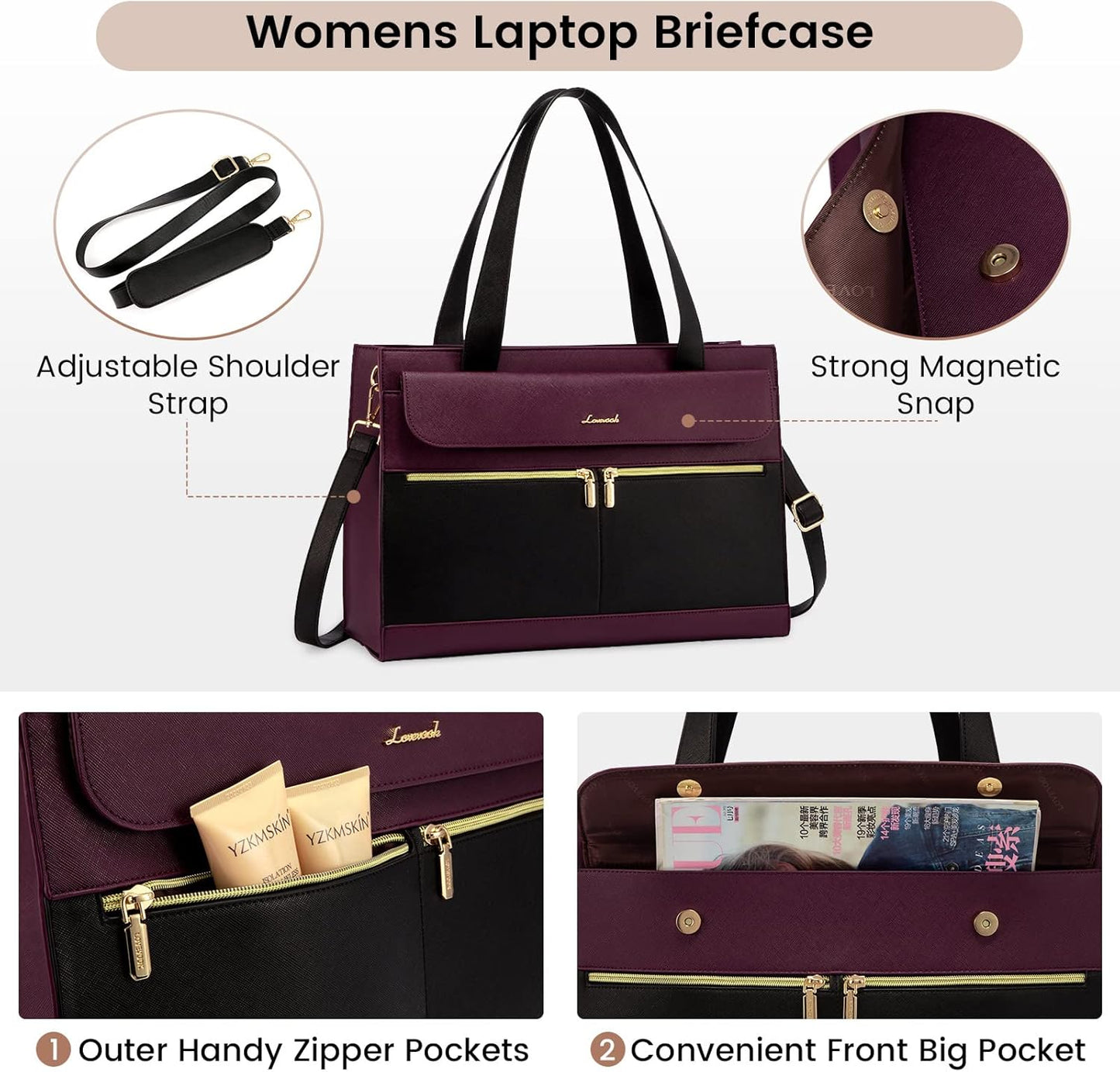LOVEVOOK Laptop Bag for Women 15.6 Inch Tote Work Professional Leather Computer Briefcase Waterproof Handbag Shoulder Large Capacity Business Teacher Office Crossbody Purse