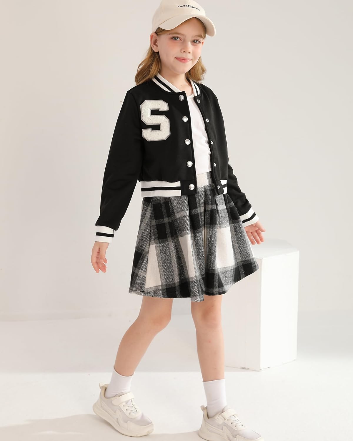 Girls 2 Piece Outfits Skirt Set Button up Jacket Sweatshirt and Pleated Mini Skirts Fall Winter Clothes Size 7-14Y
