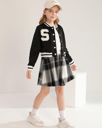 Girls 2 Piece Outfits Skirt Set Button up Jacket Sweatshirt and Pleated Mini Skirts Fall Winter Clothes Size 7-14Y