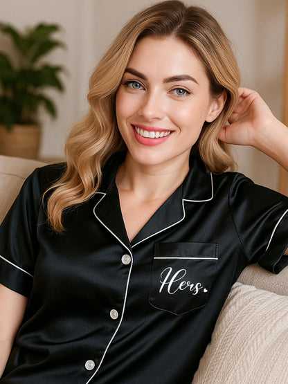 Jecery His and Hers Matching Pajamas for Couples Satin Short Sleeve Sleepwear Pjs Matching Sets Button Down Pjs Loungewear