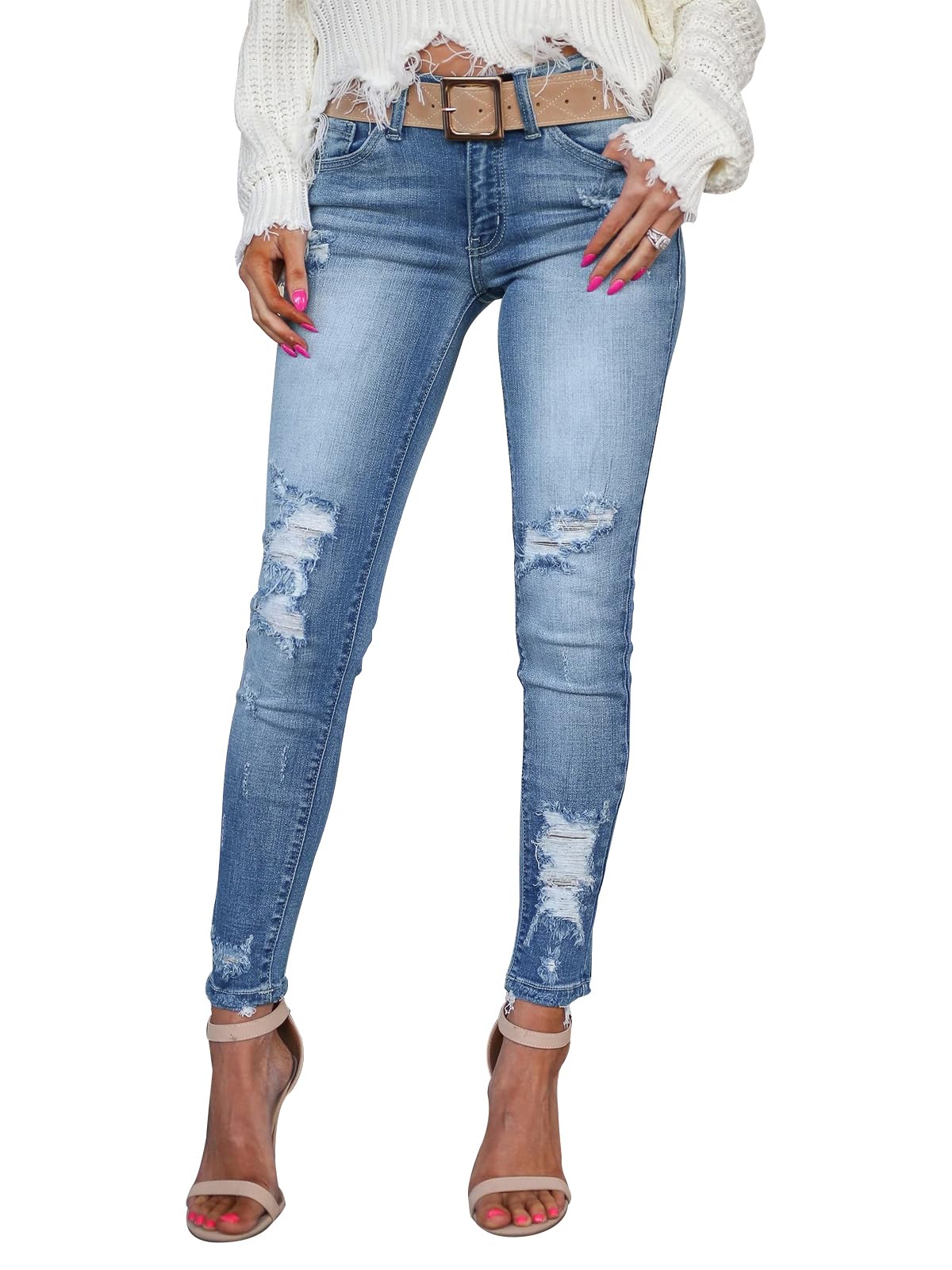 KUNMI Women's Skinny Ripped Trendy Jeans Distressed Stretchy Denim Pants