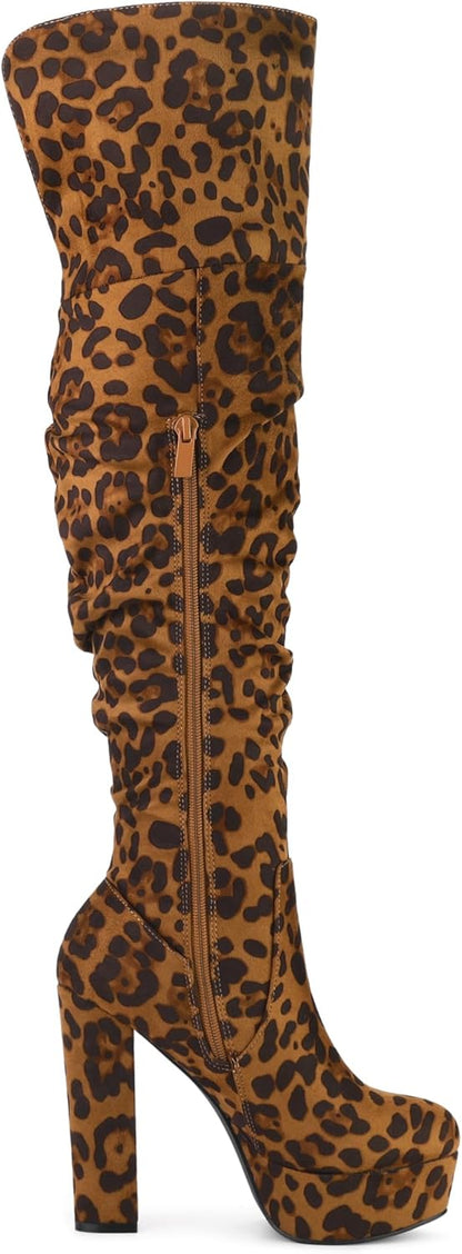 Allegra K Women's Platform Round Toe Zipper Slouch Heel Over the Knee Thigh High Boots