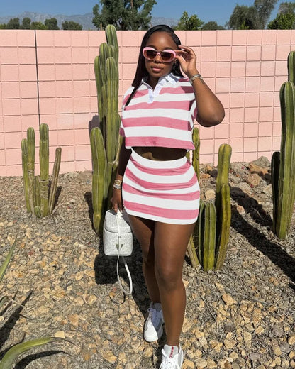 HBQ Women's Casual Two Piece Skirt Sets Polo Collar Crop Top Striped Mini Dress Summer Vacation-Stripe