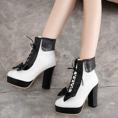 Parisuit Womens Dress Kawaii Boots Chunky High Heel Platform Ankle Booties Lace Up Sweet Bow Shoes
