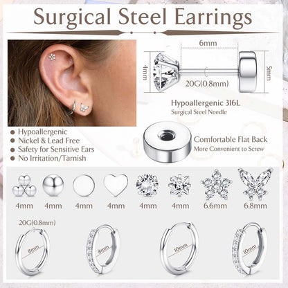 Jstyle Hypoallergenic Surgical Steel Earrings for Sensitive Ears 14K Gold Flat Back Earrings for Women Men Small Stainless Steel Earrings Flatback Stud Hoop Cartilage Earring Set for Multiple Piercing