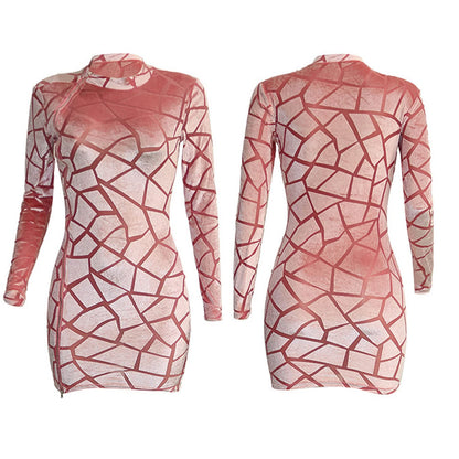 Uni Clau Women Sexy Sheer Mesh Boydcon Midi Dress See Through Printed Long Sleeve Midi Skinny Clubwear Party Dress