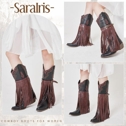 SaraIris Women's Western Bootie, Fashion Pointed Toe, Chunky Heel, Embroidered, Fringe, Pull-On, Mid Calf Boots, 2.75 inches, Knee High, PU, Denim, Rubber