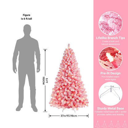 SHareconn 7.5ft Prelit Snow Flocked Spruce Artificial Christmas Tree with 350 Incandescent Warm White Lights, Foldable Stand, Snow Flocked Full Prelighted Xmas Tree W/1170 Branch Tips, 7.5 FT, White