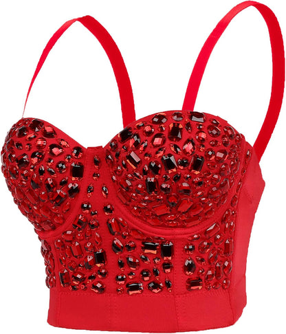 Women's Handmade Rhinestone Diamond Push up Bustier Crop Top Punk Corset Bra Vest