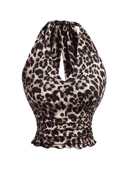 WDIRARA Women's Leopard Print Ruched Halter Crop Tops V Neck Tie Back Sleeveless Slim Fit Cami Tops