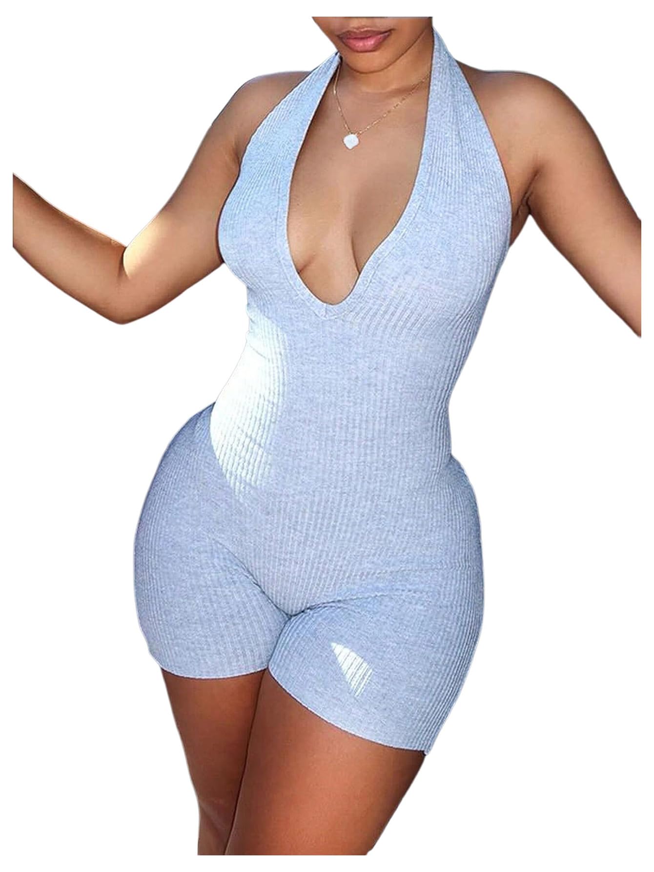 WDIRARA Women's V Neck Backless Sleeveless Skinny Knit Sexy Night Rompers