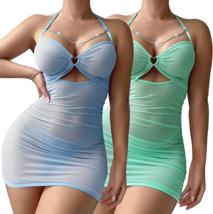 Sexy Chain Sheer Mesh Ruched Bodycon Mini Lingerie Dress with Thong 2 Piece Set Outfits