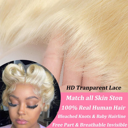 613 13x6 Lace Front Wig Human Hair 30 Inch Body Wave Blonde Wig, 200% Density Pre Plucked Blonde HD Lace Frontal Wig for Black Women
