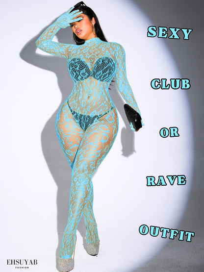 Sexy Lace Leopard Jumpsuit For Women, Fishnet Bodysuit Glow Party Club, Poster One Piece Mesh Full Body Rave Outfits