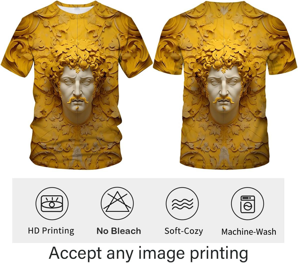 LAOLIUSN Men's Gold Shiny Printed T-Shirt - Golden Ornate Theme, Floral Graphic Tee Shirt