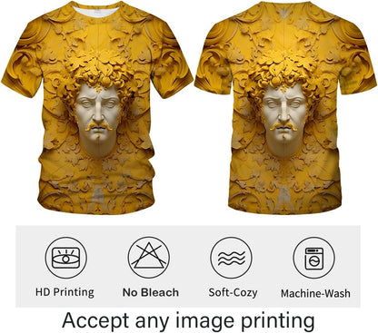 LAOLIUSN Men's Gold Shiny Printed T-Shirt - Golden Ornate Theme, Floral Graphic Tee Shirt