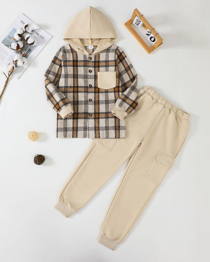 Boys Clothes Fall Winter Outfits, Toddler Boy Sweatsuit Plaid Hoodie Pants Clothing Set For Kids Boys Size 5-12 Years