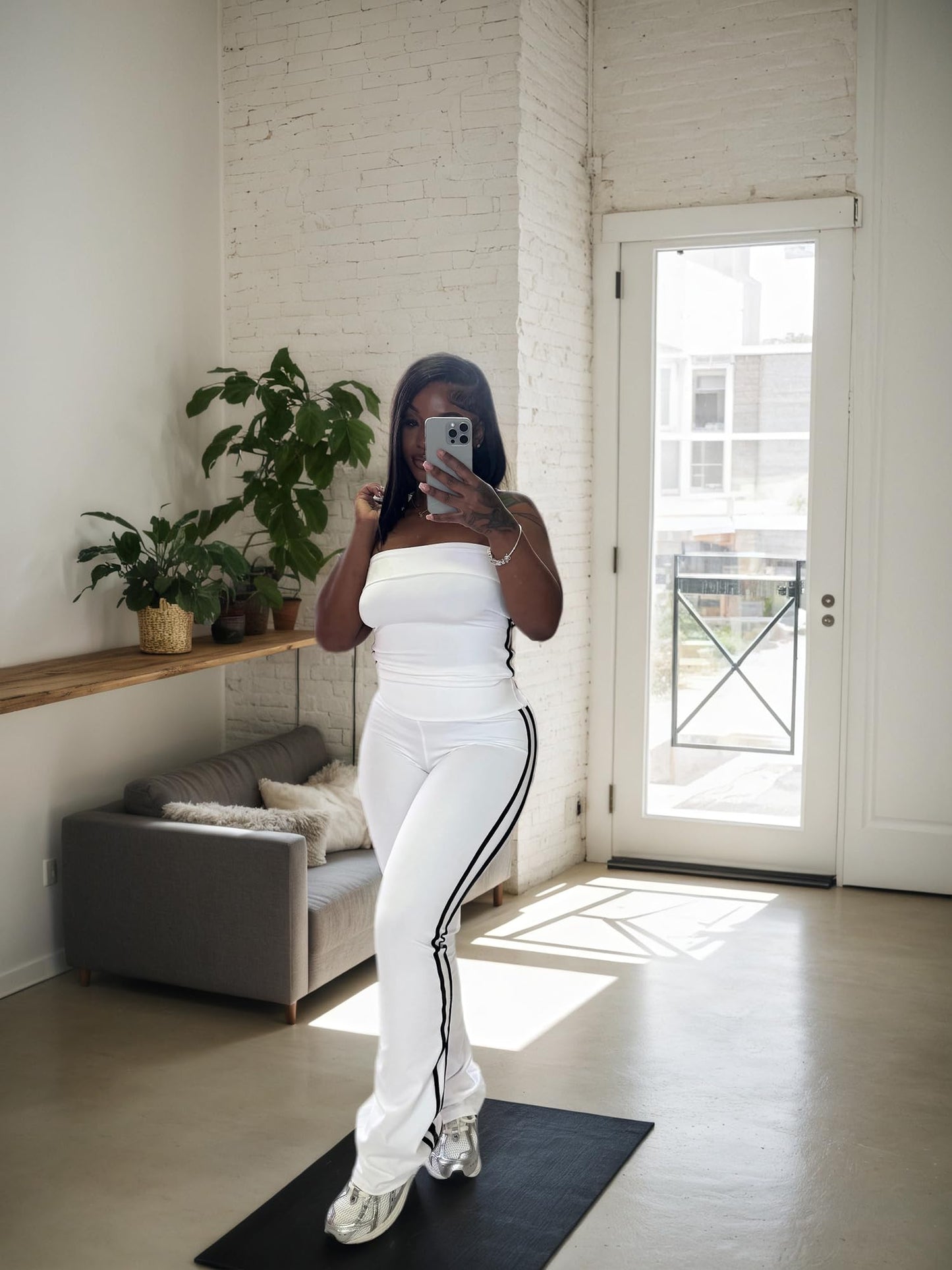 HBQ Women Two Piece Outfits Strapless Crop Top and Flare Pants Casual Stripe Lounge Sets Tracksuits