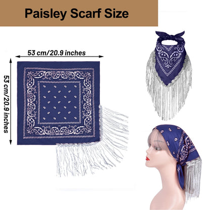 Ibeauti Cowboy Hat with Fringed Bandana Set for Women Wide Brim Western Cowgirl Hat Paisley Head Wrap Scarf