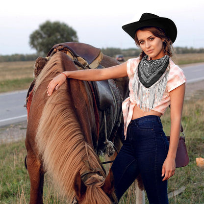 Ibeauti Cowboy Hat with Fringed Bandana Set for Women Wide Brim Western Cowgirl Hat Paisley Head Wrap Scarf