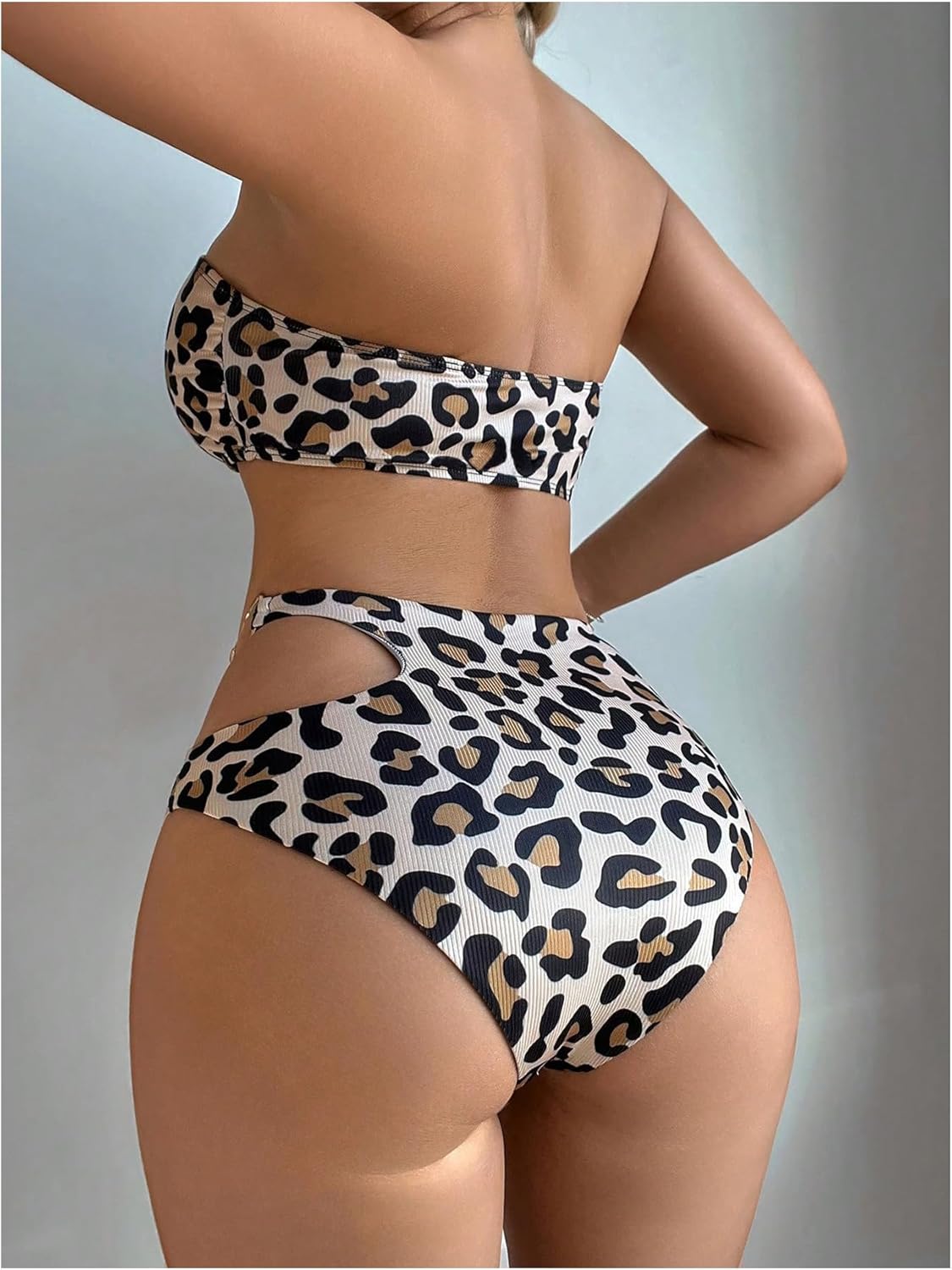 SweatyRocks Women's Leopard Print Bandeau Bikini Cut Out Strapless High Waisted 2 Piece Bathing Suit