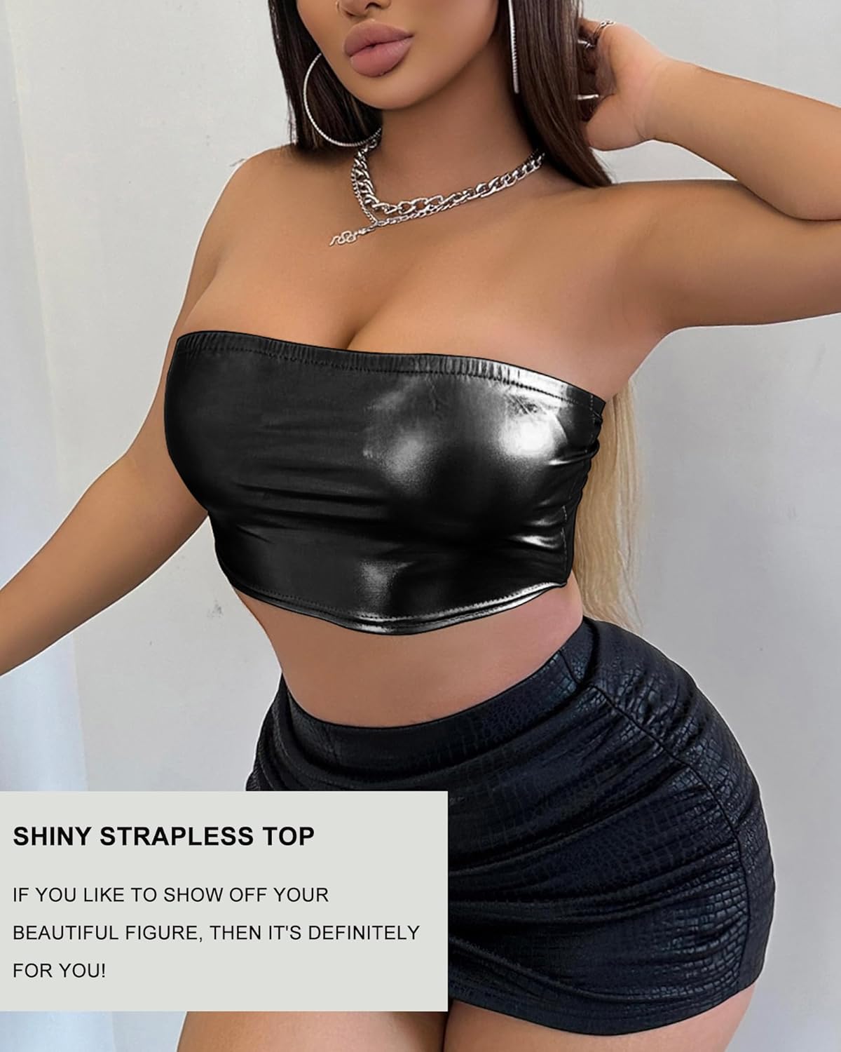 Women's Metallic Shiny Tube Top - Strapless Party Crop Top for Rave, Festival & Night Out
