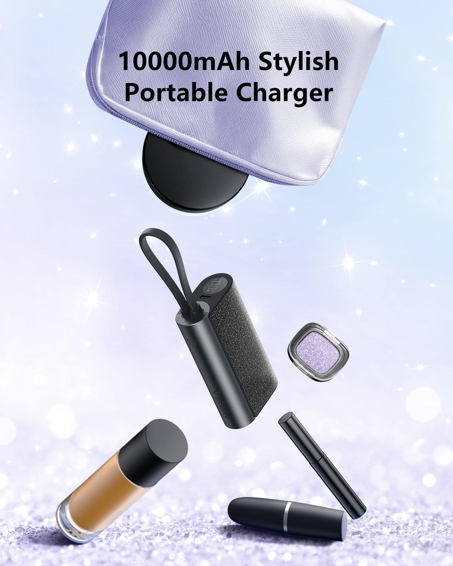 VEGER Compact Portable Charger with Built in Cable(Removable), 10000mAh Cute Power Bank 20W Fast Charging, Sparkling Battery Pack Fashion Travel Accessory Compatible with iPhone 15/14, Android-Purple