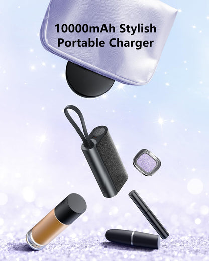 VEGER Compact Portable Charger with Built in Cable(Removable), 10000mAh Cute Power Bank 20W Fast Charging, Sparkling Battery Pack Fashion Travel Accessory Compatible with iPhone 15/14, Android-Purple
