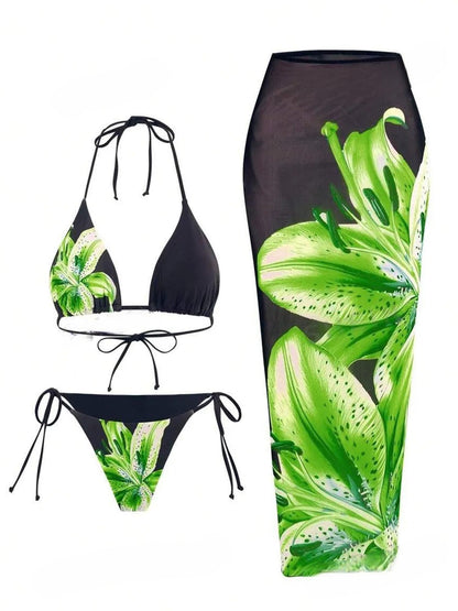 ZAFUL Womens 3pcs Swimsuit Floral Halter Triangle Bikini Top Tie Side Bottom with Long Sheer Cover Up Skirt