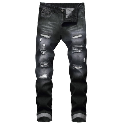 Men's Slim-fit Stretch Denim Jeans Featuring a Ripped Stretch Regular Pants