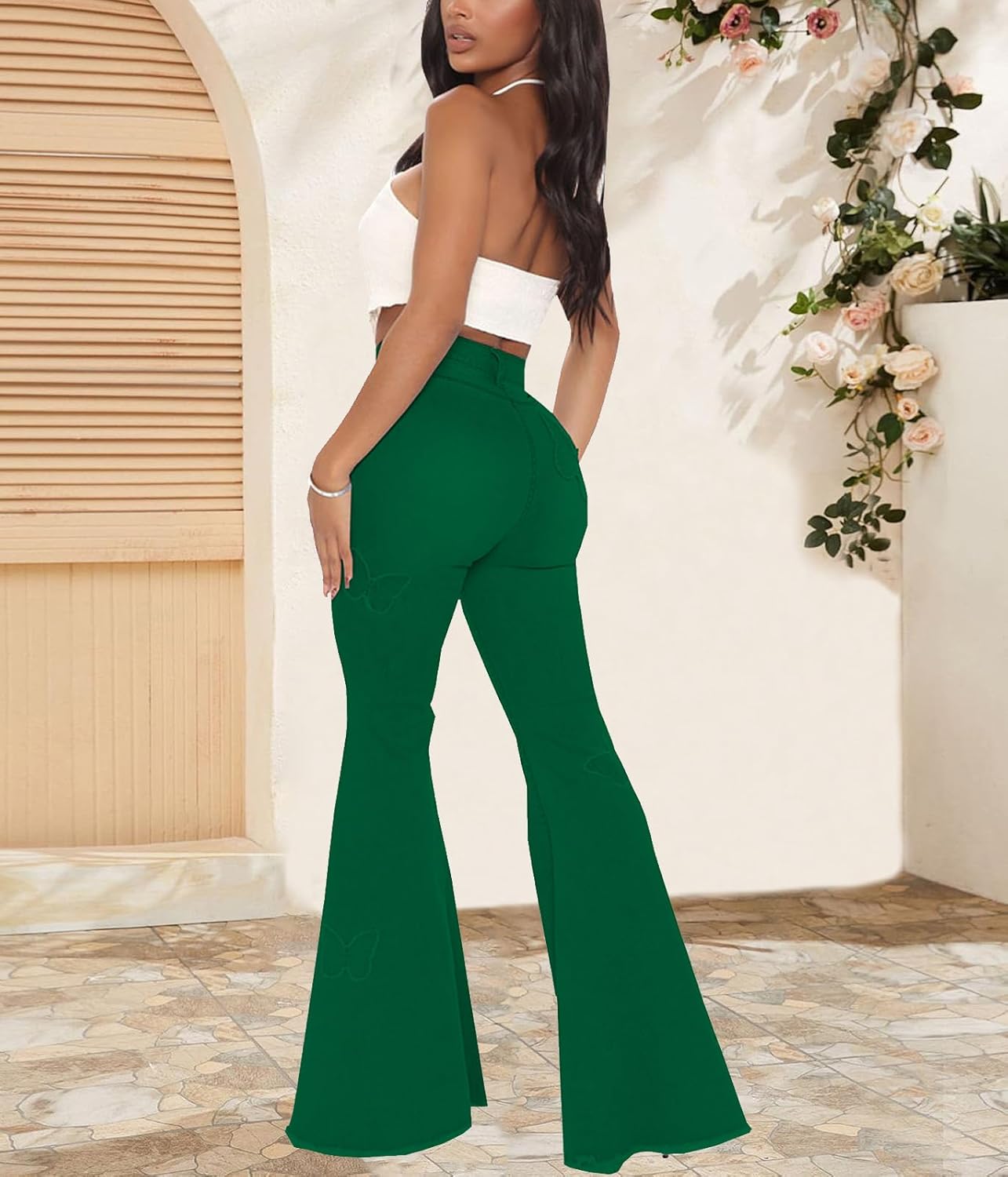 Women's Bell Bottom Jeans Classic Destoryed Ripped Flare Jeans Elastic Waist Raw Hem Denim Pants