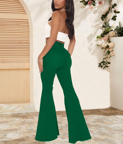 Women's Bell Bottom Jeans Classic Destoryed Ripped Flare Jeans Elastic Waist Raw Hem Denim Pants