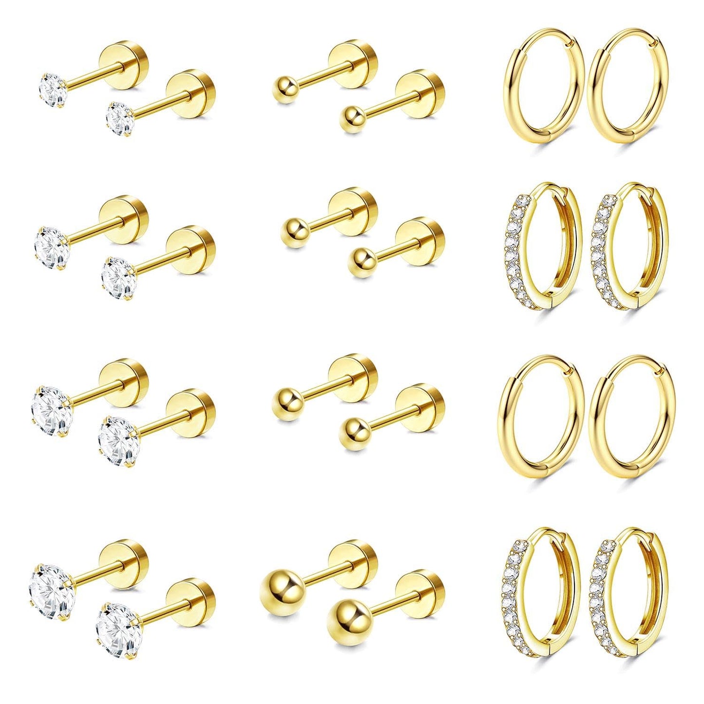 Jstyle Hypoallergenic Surgical Steel Earrings for Sensitive Ears 14K Gold Flat Back Earrings for Women Men Small Stainless Steel Earrings Flatback Stud Hoop Cartilage Earring Set for Multiple Piercing