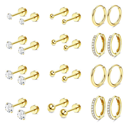 Jstyle Hypoallergenic Surgical Steel Earrings for Sensitive Ears 14K Gold Flat Back Earrings for Women Men Small Stainless Steel Earrings Flatback Stud Hoop Cartilage Earring Set for Multiple Piercing