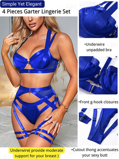 Kaei&Shi Strappy Harness, All Adjustable, Underwire Racerback, 4pc Garter Set