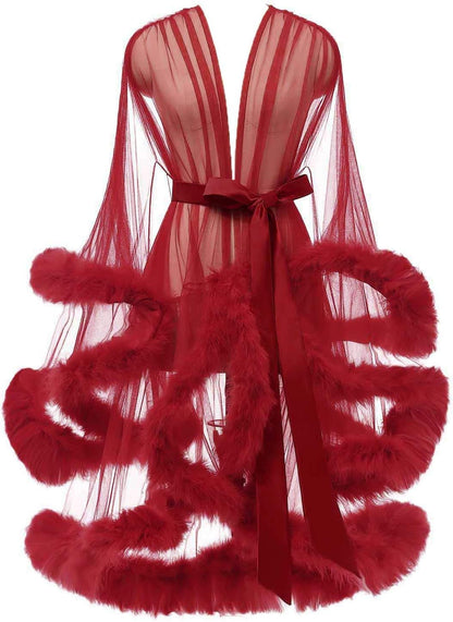 Tulle Feather Robe Sexy Sheer Mesh Fur Bridal Illusion Boudoir Bathrobe Nightgown Christmas Lingerie