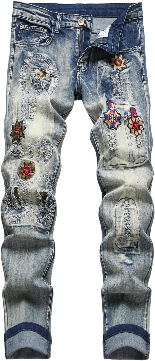 Baylvn Men's Designer Straight Slim Fit Patchwork Jeans Comfort Skinny Biker Denim Pants