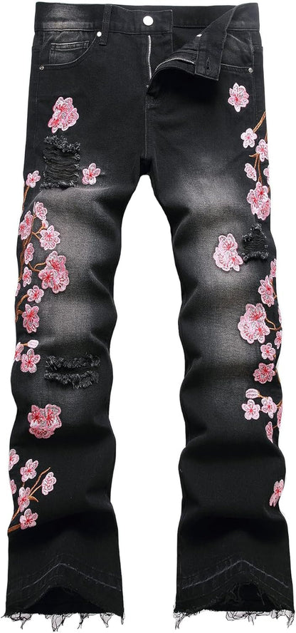 Baylvn Men's Designer Straight Slim Fit Patchwork Jeans Comfort Skinny Biker Denim Pants