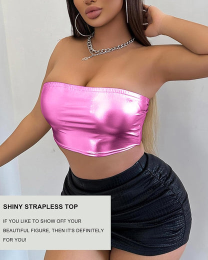 Women's Metallic Shiny Tube Top - Strapless Party Crop Top for Rave, Festival & Night Out