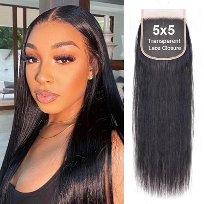5x5 Transparent HD Lace Closure Body Wave Human Hair Closure Invisible Ultra-thin 5x5 Lace Closure Brazilian Raw Virgin Human Hair Pre Plucked Natural Black 16 Inch