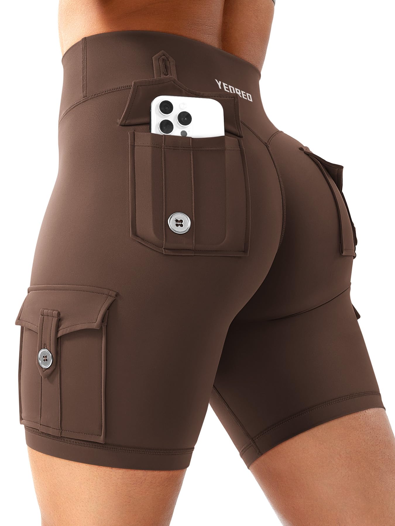 YEOREO CoreFlex Women Workout Biker Shorts with Cargo Pockets Hidden Scrunch High Waisted 8" Inseam Gym Shorts