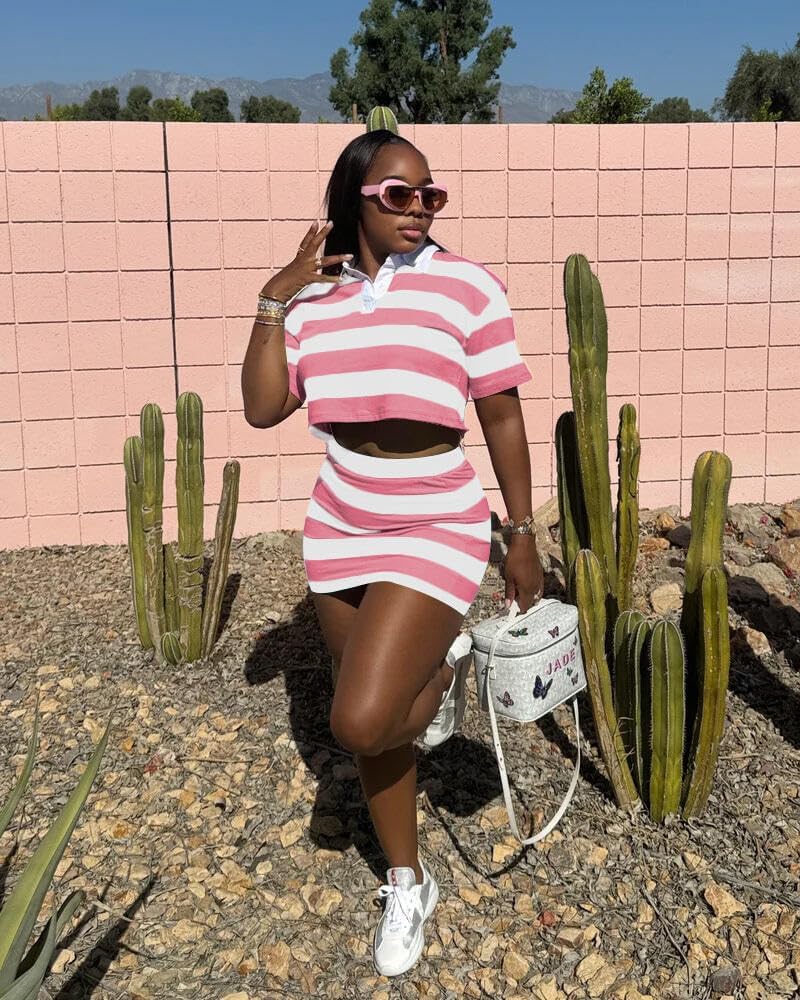 HBQ Women's Casual Two Piece Skirt Sets Polo Collar Crop Top Striped Mini Dress Summer Vacation-Stripe