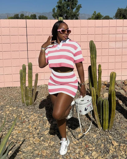 HBQ Women's Casual Two Piece Skirt Sets Polo Collar Crop Top Striped Mini Dress Summer Vacation-Stripe